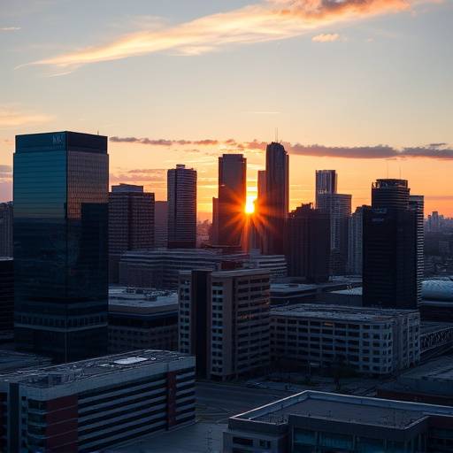 Calgary skyline at sunset, reflecting on office buildings